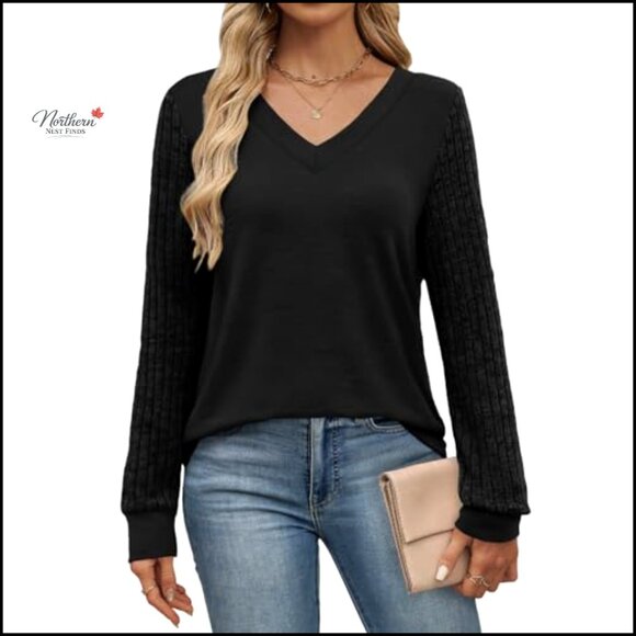 V-Neck Patchwork Tunic Sweater, Long Sleeve, Loose Fit, Polyester Rayon Spandex - Picture 3 of 7